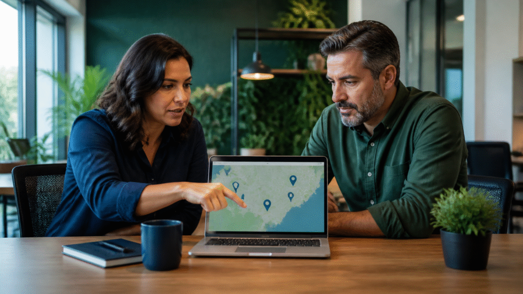 Gestores analisam a presença de várias unidades em um mapa digital para planejar SEO local