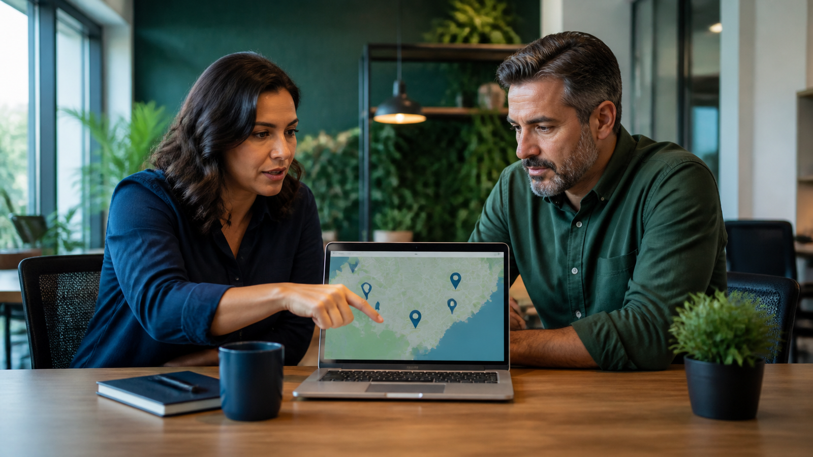 Gestores analisam a presença de várias unidades em um mapa digital para planejar SEO local