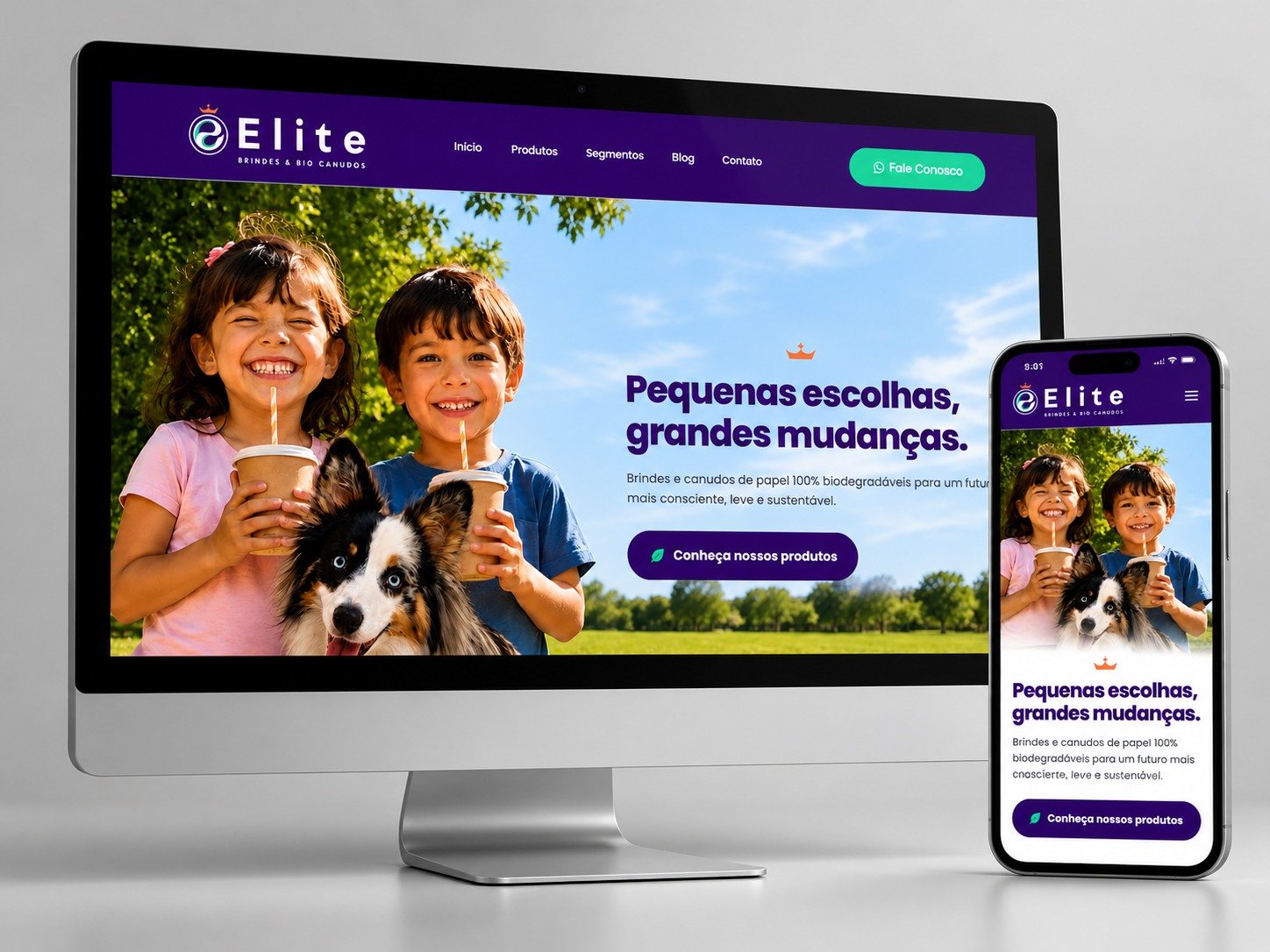 Mockup responsivo do site da Elite Brindes e Bio Canudos