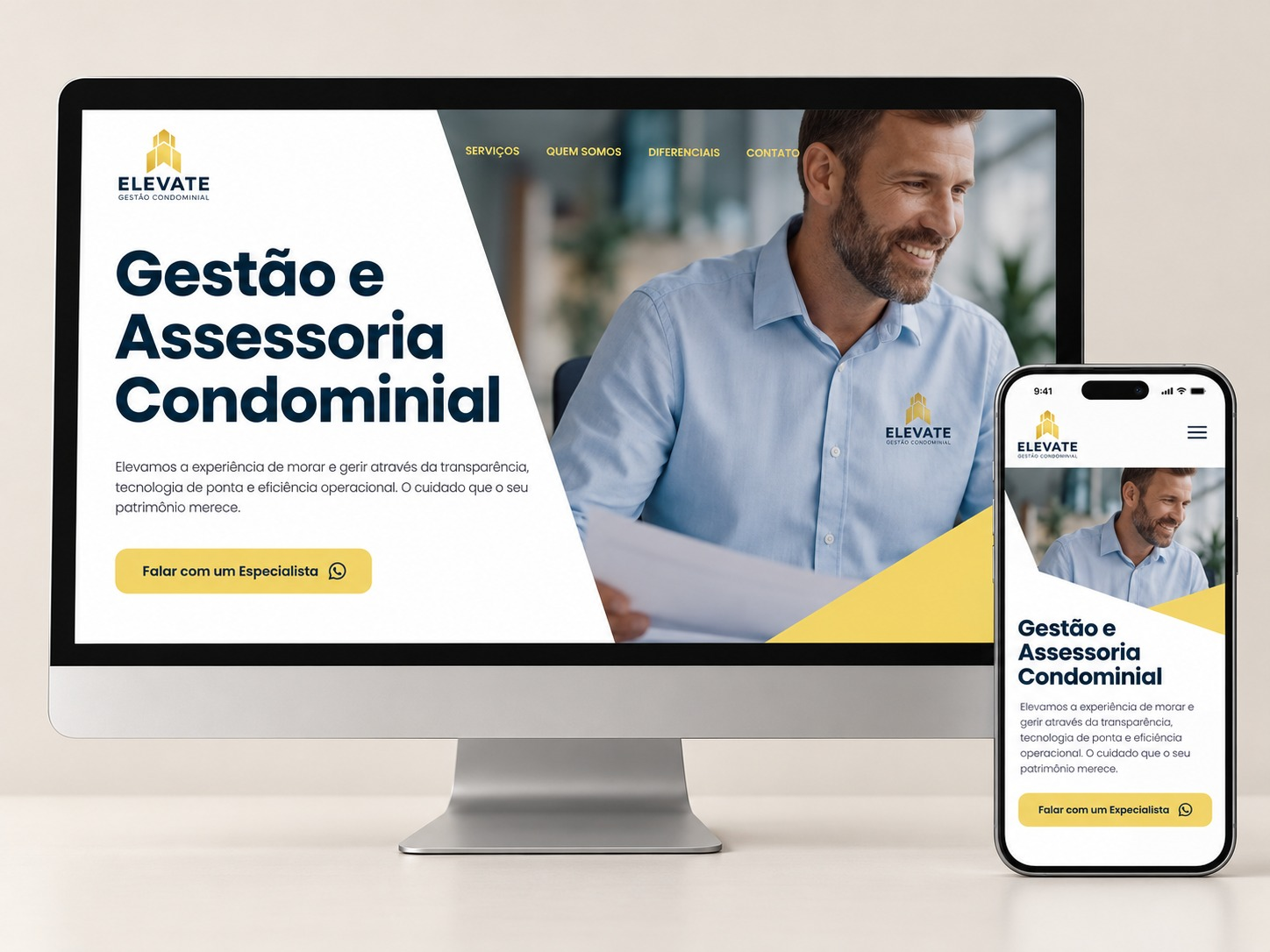 Mockup responsivo do site da Elevate Gestão Condominial