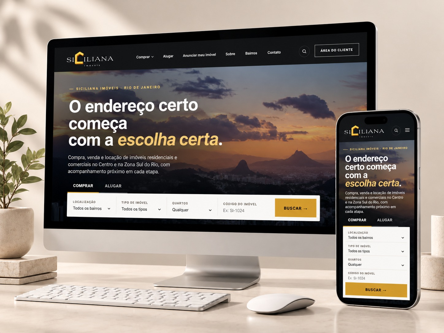 Mockup responsivo do site da Siciliana Imóveis